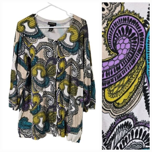 Lane Bryant 22/24 Women Plus Teal Sequin Paisley Print Cardigan Sweater Knit - Picture 1 of 10